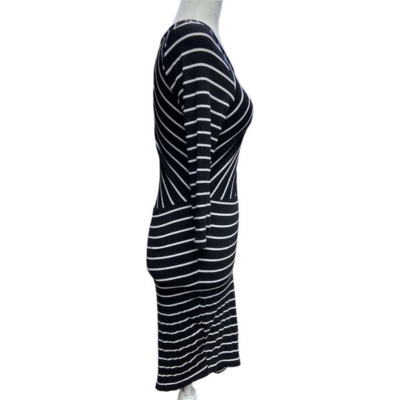 Lulus sz Small Striped‎ Bodycon Dress Black And White Asymmetrical Ribbed Slit - Picture 2 of 6